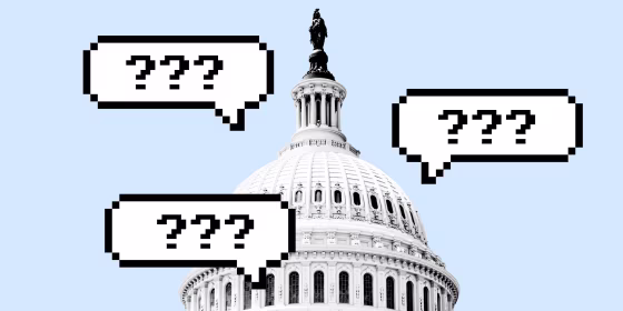 Photo Illustration: The U.S. Capitol surrounded by 8 bit chat bubbles that say "???"