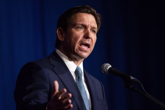 Gov. Ron DeSantis speaks during the New Hampshire GOP's Amos Tuck Dinner