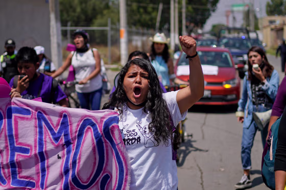 Roxana Ruiz during a march in Chimalhuacán, Mexico, in 2022 in memory of Diana Velázquez, who was making a call outside her home in 2017 when she disappeared and was raped and killed.