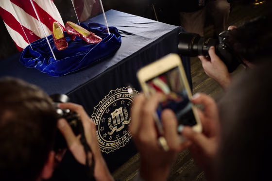 A pair of ruby slippers once worn by actress Judy Garland in the "The Wizard of Oz" at the FBI office in Brooklyn Center, Minn.