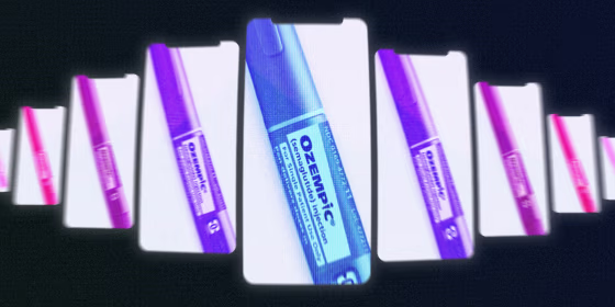 Nine glowing phone screens showing closeups of the Ozempic logo on the drug's packaging.