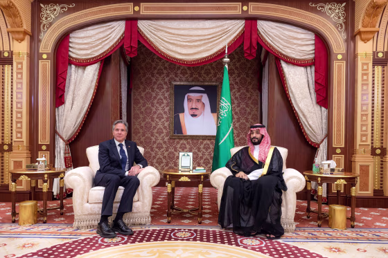 This handout picture provided by the Saudi Royal Palace shows Saudi Crown Prince Mohammed bin Salman (R) meeting with US Secretary of State Antony Blinken in Jeddah on June 7, 2023.