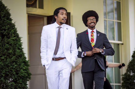 From left, Tennessee state lawmakers Rep. Justin Jones, D-Nashville, Rep. Justin Pearson, D-Memphis, walk out of the West Wing of the White House to speak to reporters after meeting with President Joe Biden and Vice President Kamala Harris on April 24, 2023.
