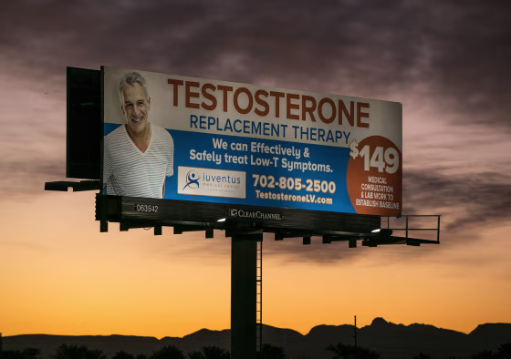 An outdoor billboard for testosterone replacement therapy in Las Vegas