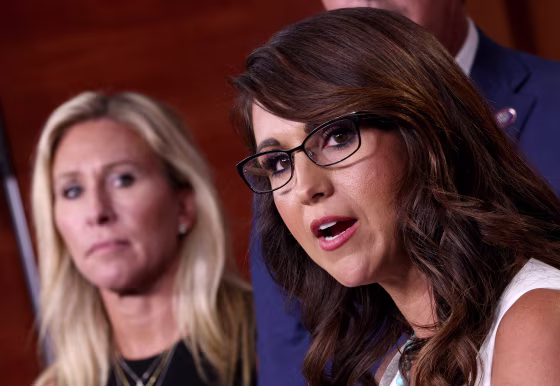 Rep. Marjorie Taylor Greene, R-Ga., and Rep. Lauren Boebert, R-Colo., during a press conference at the Capitol in 2021.