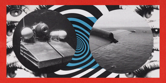 Photo illustration of the Titan submersible, the search by Canadian forces, repeated eyes looking in different directions, and spiraling circles.