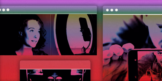 Screens of various content creators against a gradient backdrop 