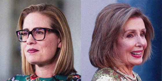 Side by side of Kyrsten Sinema and Nancy Pelosi