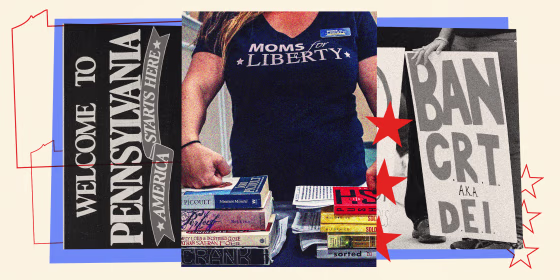 Photo illustration of a member of Moms for Liberty with her fist on a stack of books, a "Welcome to Pennsylvania" sign, and Moms for Liberty protesting CRT in Pennsylvania.