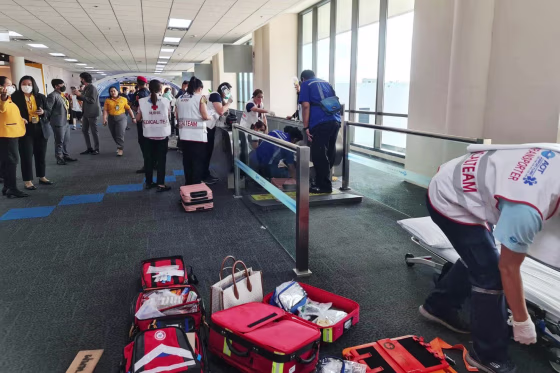 A woman lost part of her leg when it got caught in a moving walkway at an airport in Bangkok.