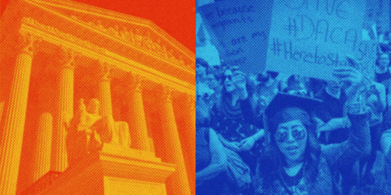Photo of the Supreme Court with orange overlay, next to photo of demonstrators gathered in support of DACA with blue overlay. One supporter holds a sign reading "Save DACA #Heretostay."