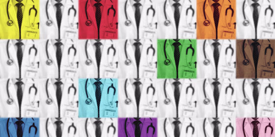 Grid of closeup photos of a doctor's lab coat and stethoscope, some of which are overlaid with different colors.