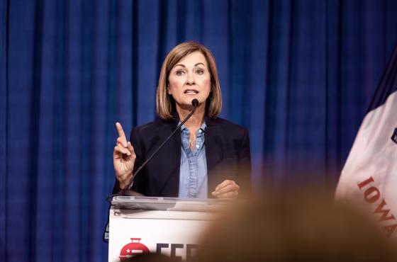 Iowa Gov. Kim Reynolds speaks in Sioux Center, Iowa on May 13, 2023. 
