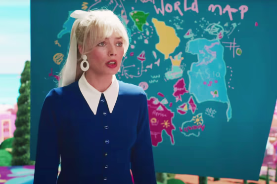 Margot Robbie in the "Barbie" movie trailer next to the map that riled China.