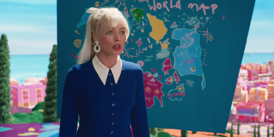 Margot Robbie in a scene from the “Barbie” movie trailer, next to a map that has been interpreted as depicting China’s controversial “nine-dash line” in the South China Sea.