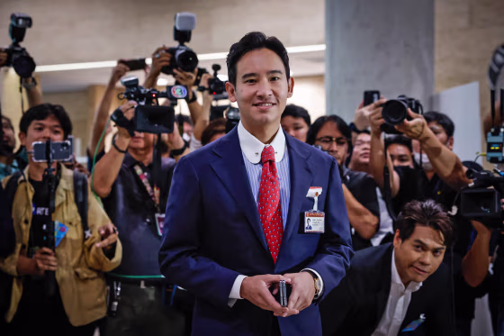 Pita Limjaroenrat, leader of the Move Forward Party, arrives at the parliament on July 13, 2023 in Bangkok.