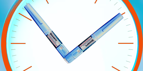 Photo Illustration: Two Ozempic dispensers replace the hands of a clock