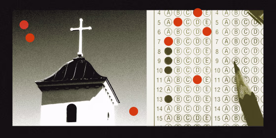 Side-by-side images of a church and a scantron test