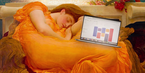 Photo Illustration: "Flaming June" by Frederic Lord Leighton photoshopped to include a laptop with a busy Google calendar