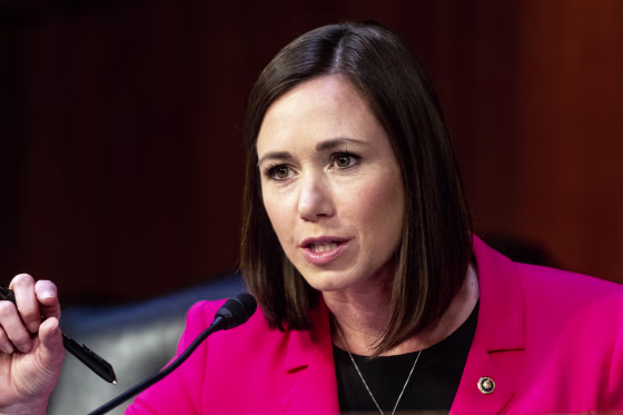 Sen. Katie Britt speaks during a Senate Banking Committee hearing at the Capitol