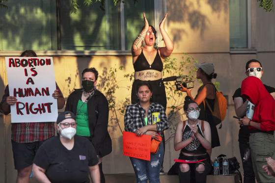 Abortion rights protesters chant during a Pro Choice rally at the Tucson Federal Courthouse in Tucson, Arizona on Monday, July 4, 2022.