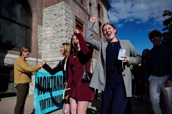 Youth plaintiffs in the climate change lawsuit, Held vs. Montana, arrive at the Lewis and Clark County Courthouse, in Helena, Mont., for the final day of the trial. on June 20, 2023.