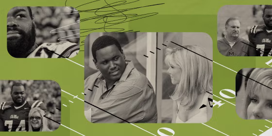 Photo illustration of scenes from "The Blind Side" movie and former NFL player Michael Oher with Sean and Leigh Anne Tuohy.