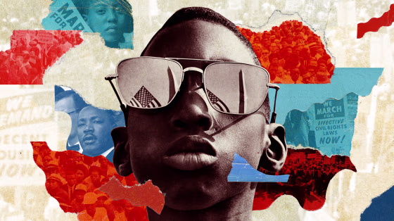 Photo illustration of scenes from the March on Washington in 1963, including: Martin Luther King Jr.; a young boy with the Washington monument and American flag reflected in his sunglasses; crowds walking with signs demanding civil rights. The style is tears of paper in red, blue and cream.