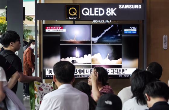 Image: A TV screen shows images of North Korea's missile launch during a news program at the Seoul Railway Station in Seoul, South Korea, on Aug. 31, 2023.