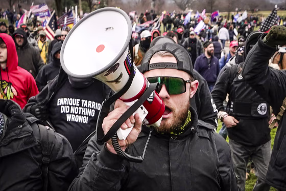 Proud Boys member Ethan Nordean walks toward the U.S. Capitol on Jan. 6, 2021.