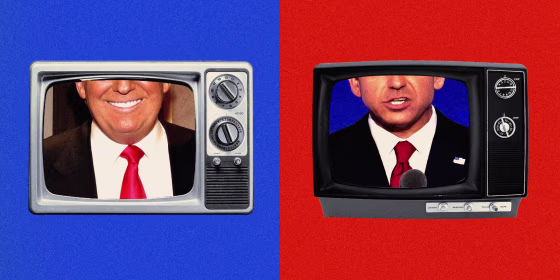 Donald Trump and Ron DeSantis' face inside TV screens 