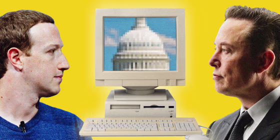 Photo illustration of Mark Zuckerberg and Elon Musk looking at a vintage computer with a pixelated photo of the Capitol in Washington.
