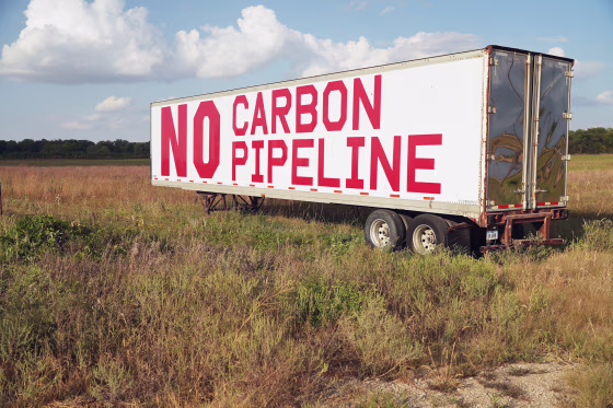 An anti-pipeline sign on the side of a tractor trailer in Shell Rock, Iowa.