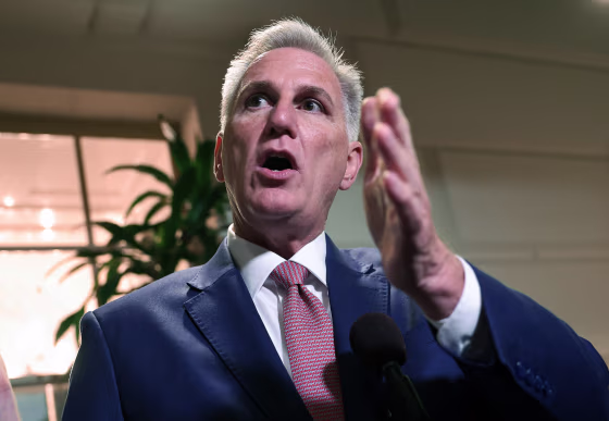 U.S. Speaker of the House Kevin McCarthy, R-Calif., speaks to reporters as he leaves a House Republican caucus meeting at the U.S. Capitol on September 14, 2023, in Washington, DC.