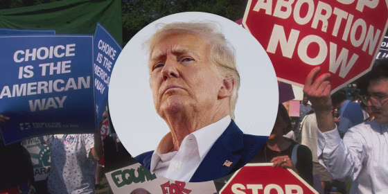 Photo illustration of former President Donald Trump and an abortion rights protest in Washington in 1992.