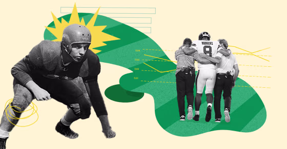 Photo illustration with cream background, green field with Aaron Rodgers being carried off field injured next to cutout of old fashioned football player