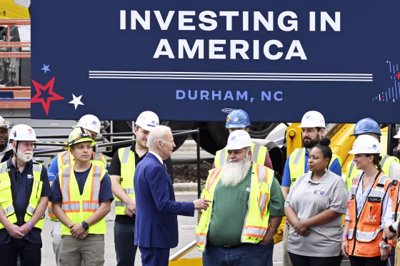 President Joe Biden visits a Wolfspeed semiconductor manufacturing facility in Durham, North-Carolina to kick off the Investing in America Tour in Durham NC, United States on March 28, 2023.