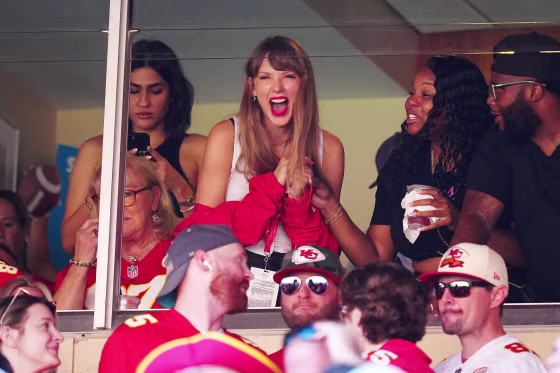 Taylor Swift reacts during the first half of a game between the Chicago Bears and the Kansas City Chiefs at GEHA Field at Arrowhead Stadium on September 24, 2023 in Kansas City, Missouri.