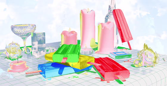 Illustration of paletas ice cream bars melting on a counter dressed as an altar, with candles, roses, and ice.