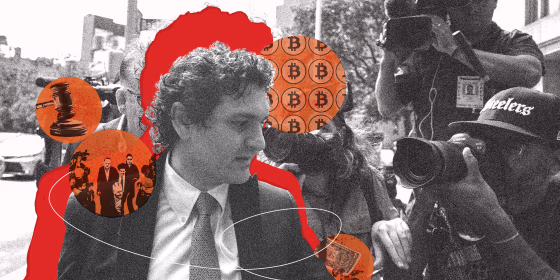 Image: Sam Bankman-Fried in front of a red background surrounded by orange circle cutouts