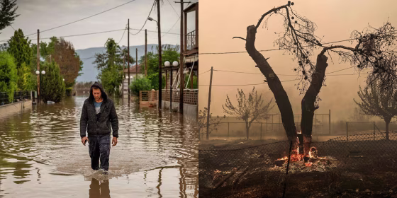 A flooded road after Storm Elias in Sotirio, central Greece, on Sept. 29 and a burning tree after wildfires in Archanes, north of Athens, on Aug. 23.