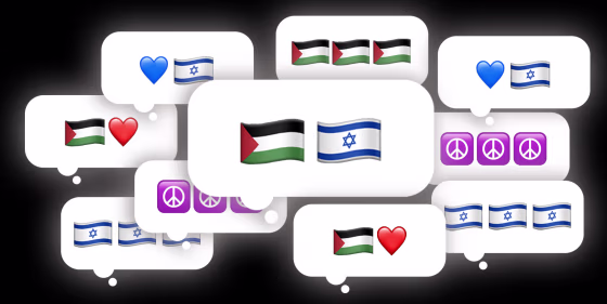 Photo Illustration: Chat bubbles filled with emojis representing Palestine, Israel, and peace
