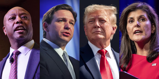Republican presidential candidates, from left, Sen. Tim Scott, R-S.C., Florida Gov. Ron DeSantis, former President Donald Trump and former U.N. Ambassador Nikki Haley.