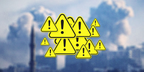 Photo illustration of an airstrike in Gaza and repeated warning symbols.