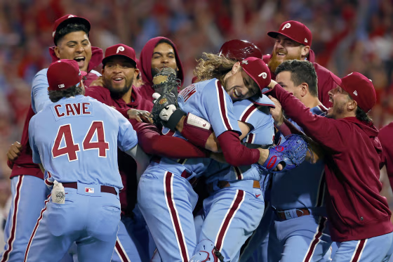 The Philadelphia Phillies celebrate after beating the Atlanta Braves on Oc. 12, 2023 in Philadelphia.