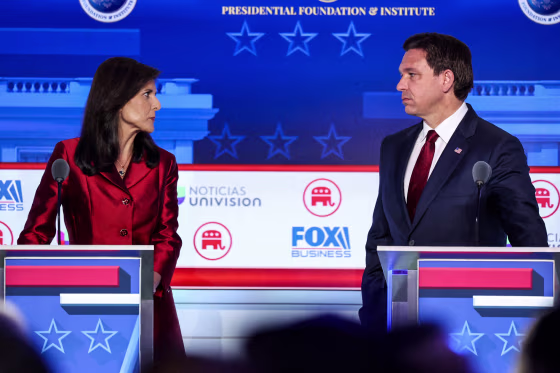 Former South Carolina Gov. Nikki Haley and Florida Gov. Ron DeSantis look at each other during the second Republican debate.