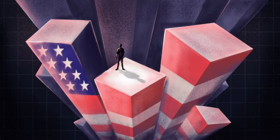 Figure stands atop bar graph with American flag on sides