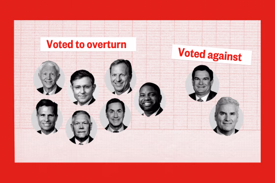 Collage of Speaker candidates who "voted to overturn" and "voted against" overturning the 2020 election