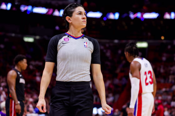 Referee Che Flores during a game between the Detroit Pistons and Miami Heat in Miami.
