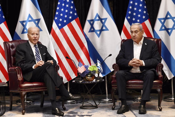 President Joe Biden with Israel's Prime Minister Benjamin Netanyahu as he joins a meeting of the Israeli war cabinet in Tel Aviv